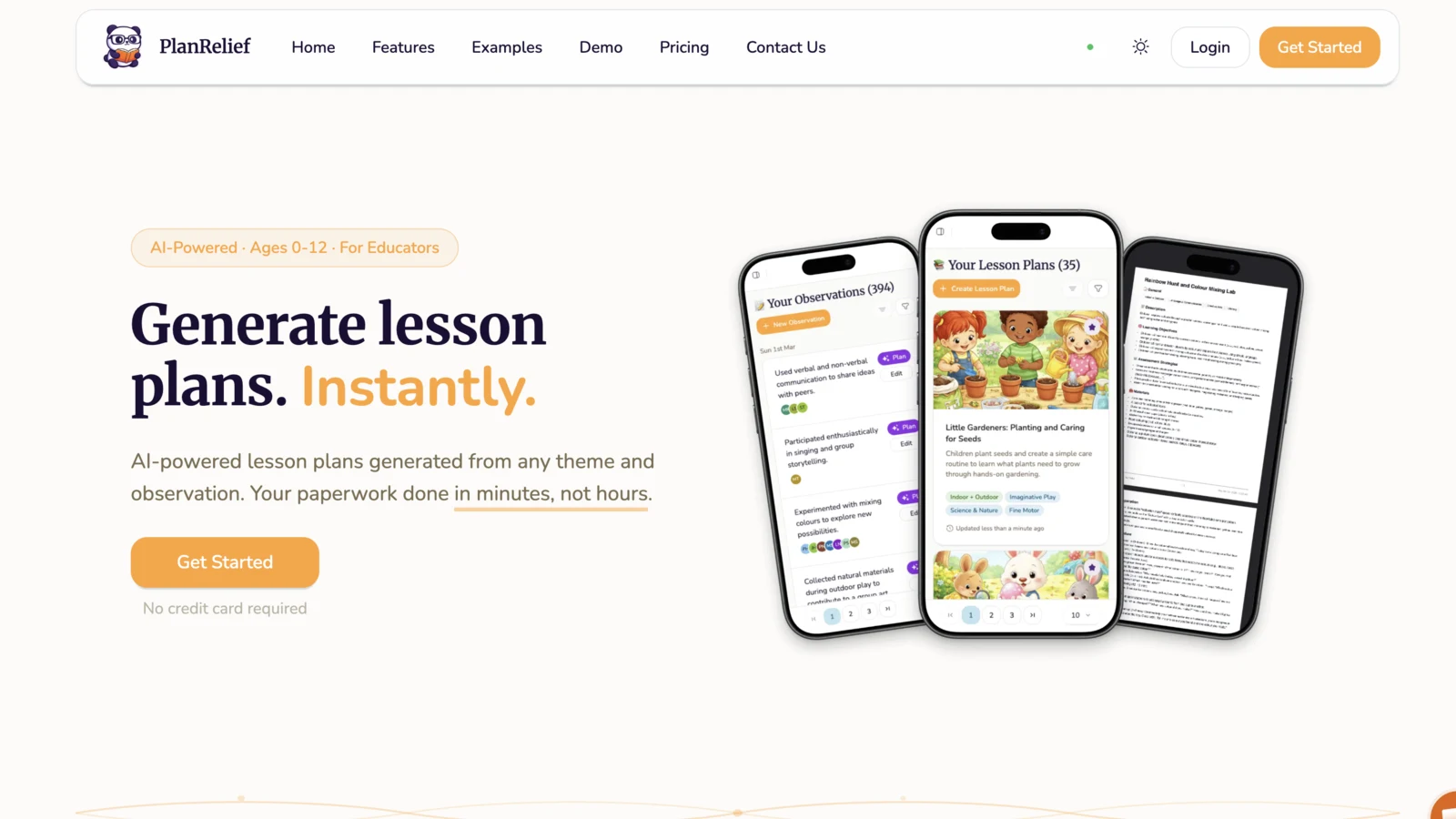 PlanRelief landing page - 'Generate lesson plans. Instantly.' AI-powered lesson plans for educators of ages 0 to 12
